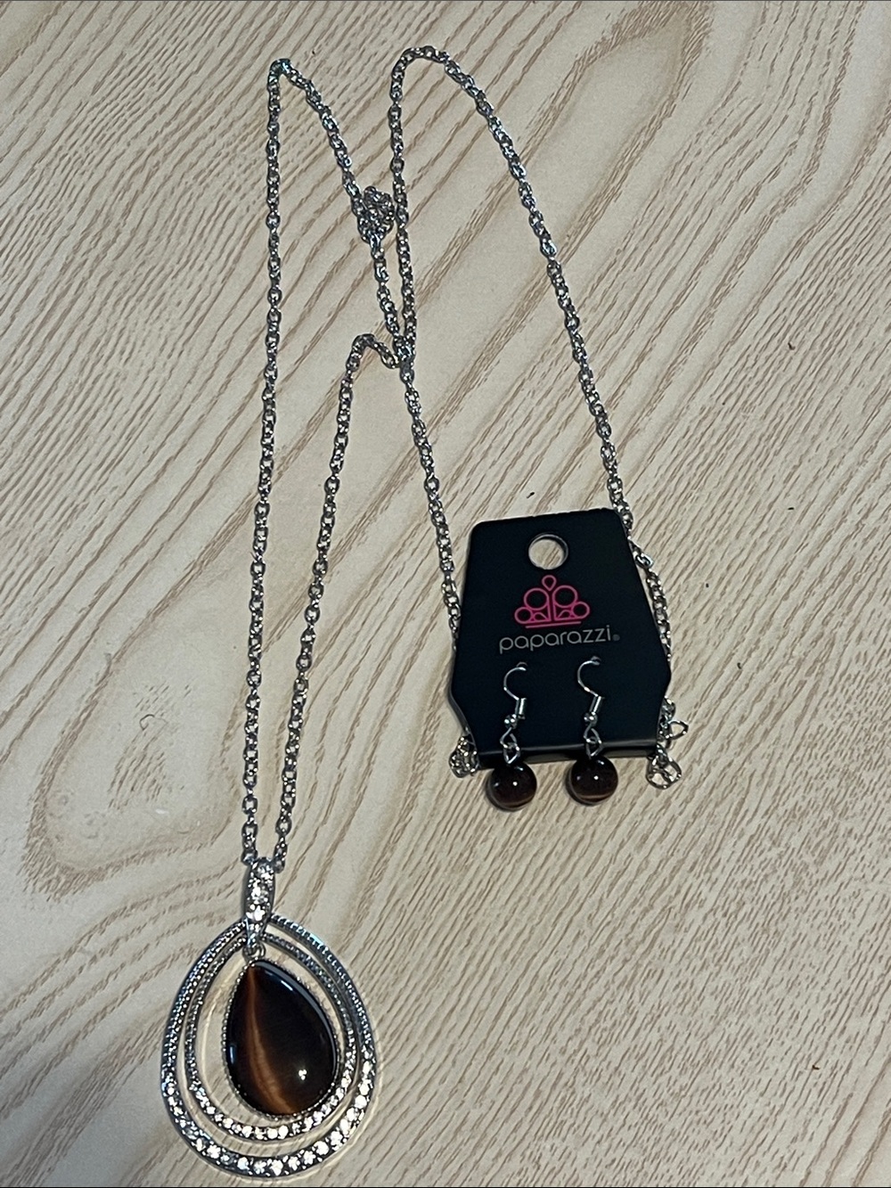 Paparazzi Silver and Brown Teardrop Pendant Necklace with Matching Earrings